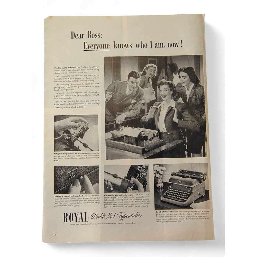 1946 Royal Typewriter Print Ad Dear Boss Magic Margin Office Desk MCM Ephemera